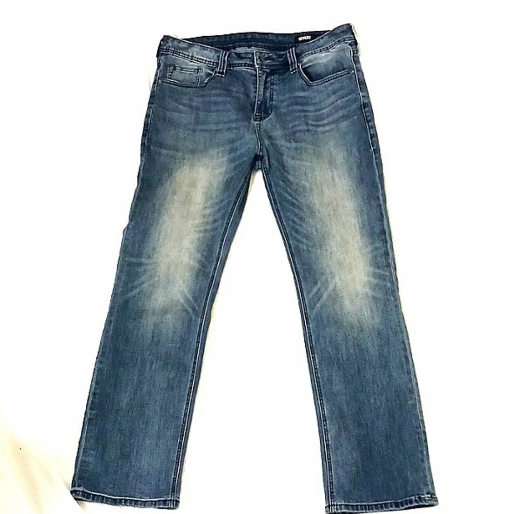 SEVEN7 Straight VERY SPECIAL Starbust Acid Wash Jeans Med Blue W34 L32 Whiskered